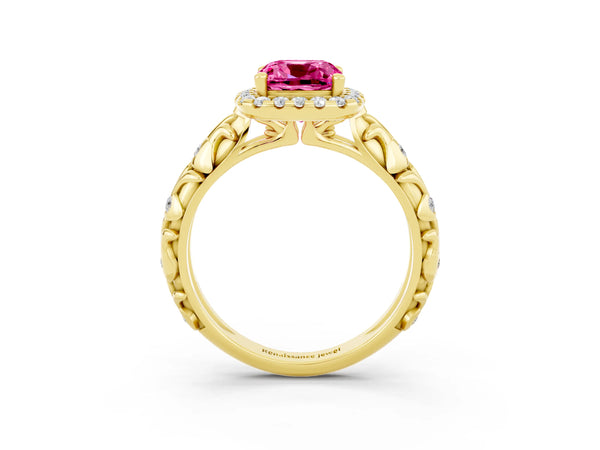 Yellow gold Cushion Cut Pink Sapphire Halo Ring with Filigree Band and Prong Setting