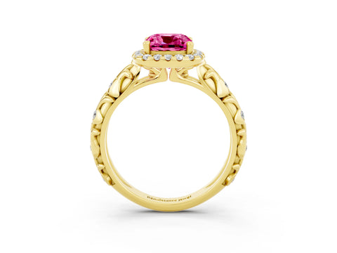 Yellow gold Cushion Cut Halo Diamond Solitaire with Filigree Band and Four-Prong Setting_3