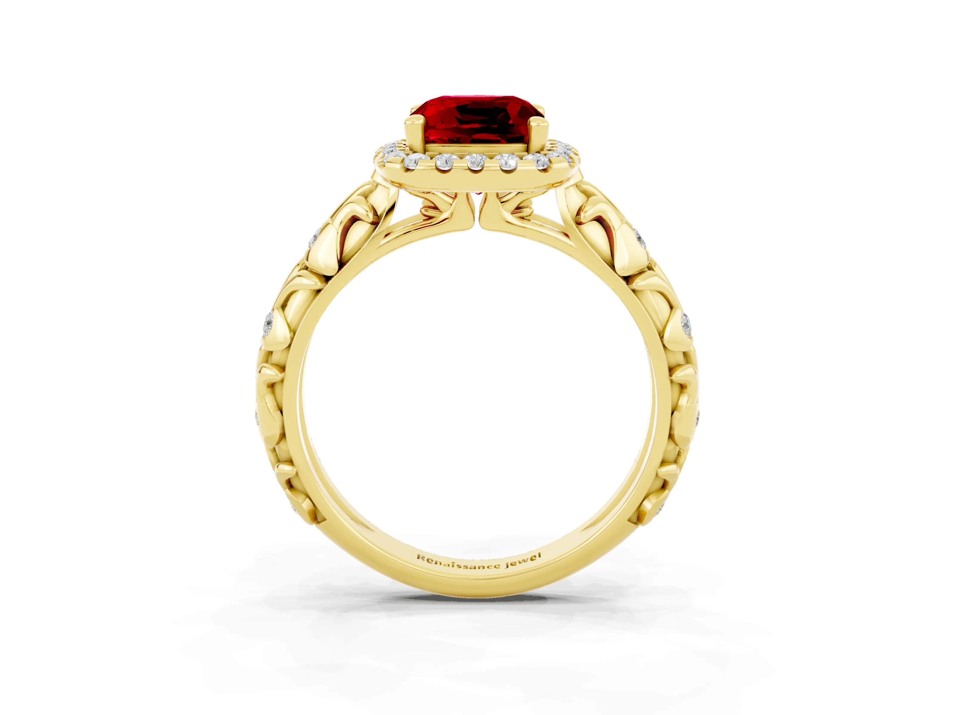 Yellow gold Cushion Cut Halo Diamond Solitaire with Filigree Band and Four-Prong Setting_3