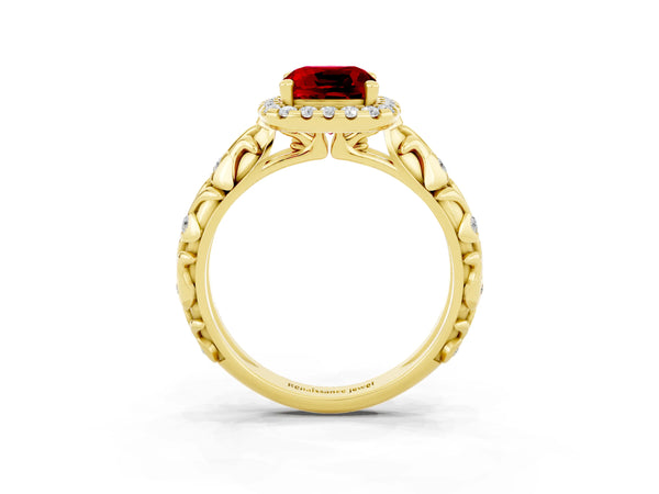 Yellow gold Cushion Cut Ruby Halo Ring with Filigree Band and Prong Setting