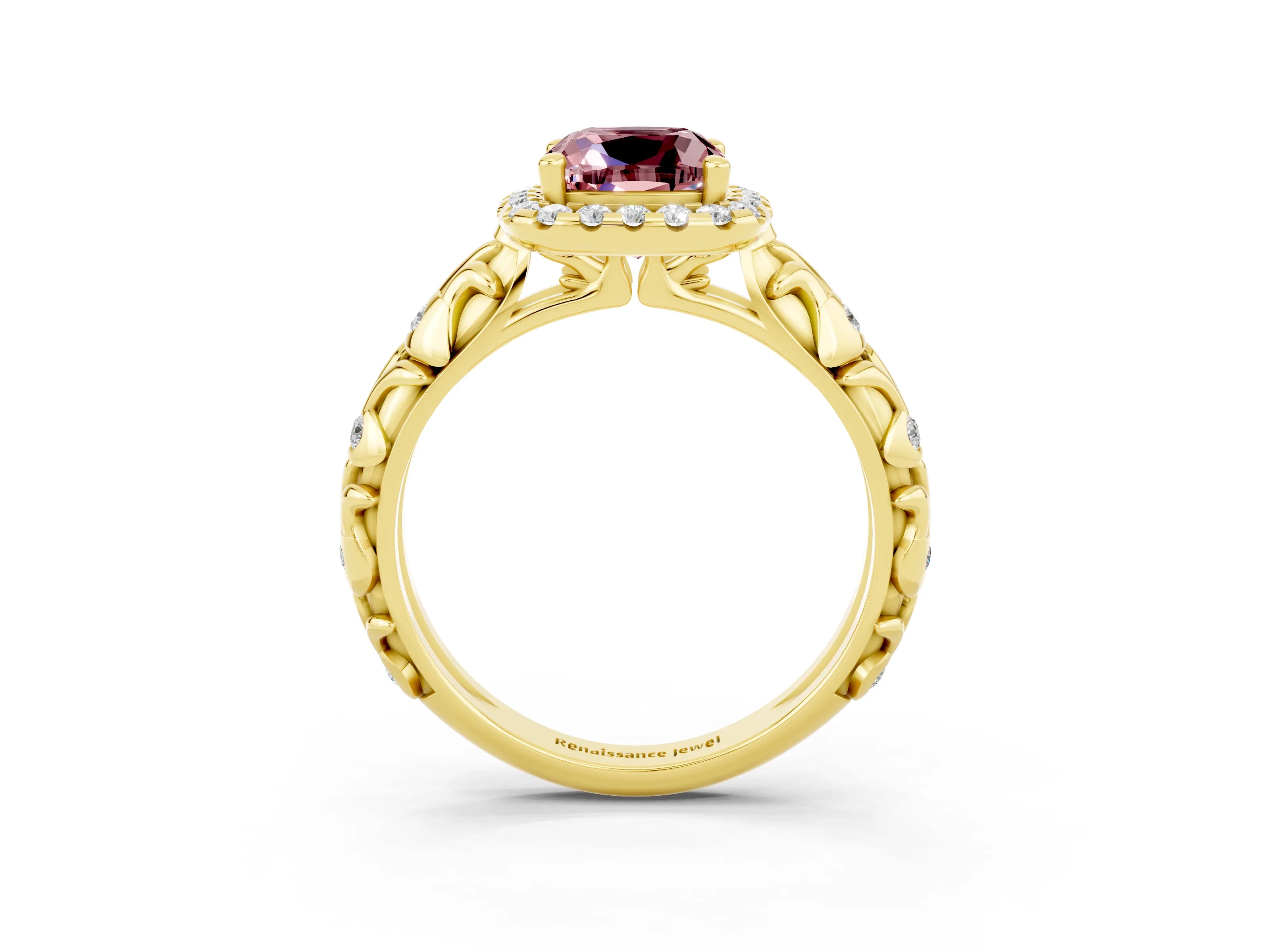 Yellow gold Cushion Cut Halo Diamond Solitaire with Filigree Band and Four-Prong Setting_3