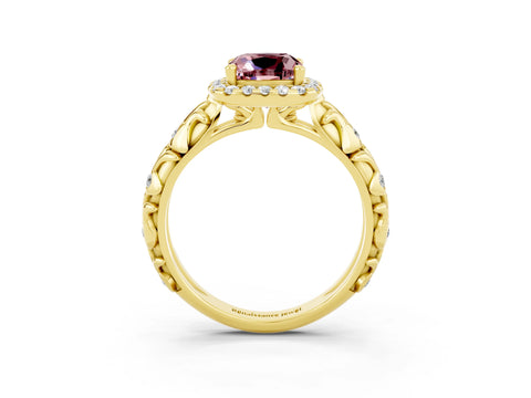 Yellow gold Cushion Cut Halo Diamond Solitaire with Filigree Band and Four-Prong Setting_3