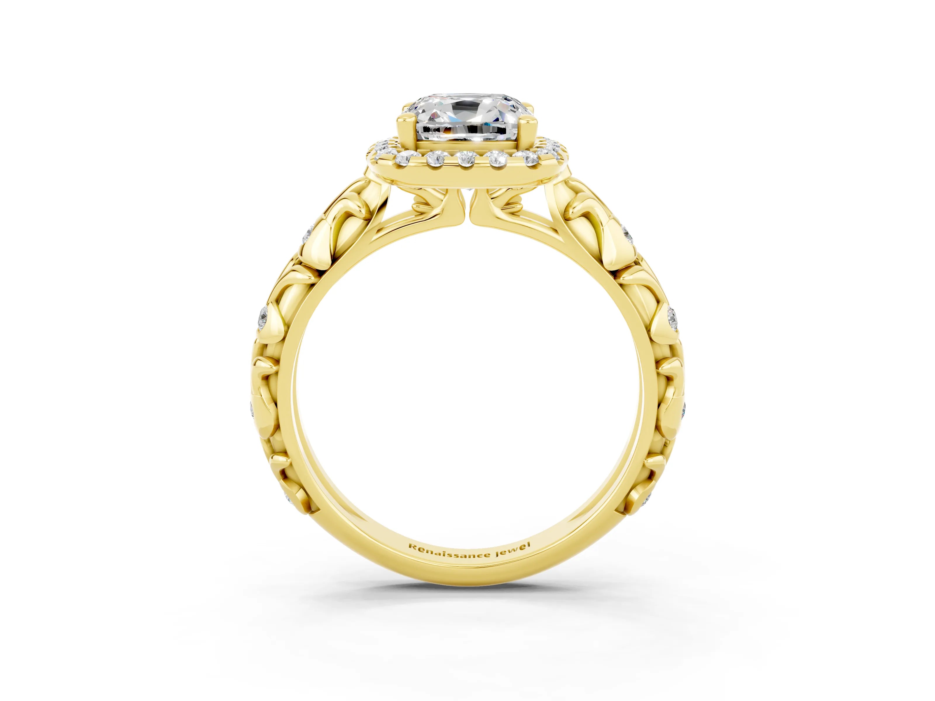 Yellow gold Cushion Cut Halo Diamond Solitaire with Filigree Band and Four-Prong Setting_3