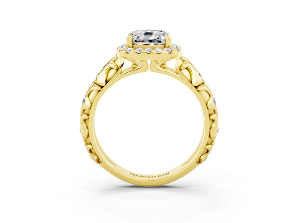 Yellow gold Cushion Cut Moissanite Halo Ring with Filigree Band and Prong Setting