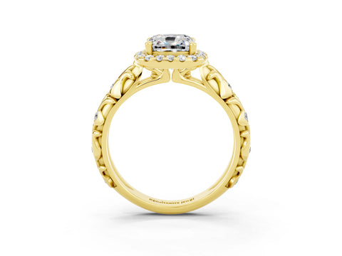 Yellow gold Cushion Cut Halo Diamond Solitaire with Filigree Band and Four-Prong Setting_3