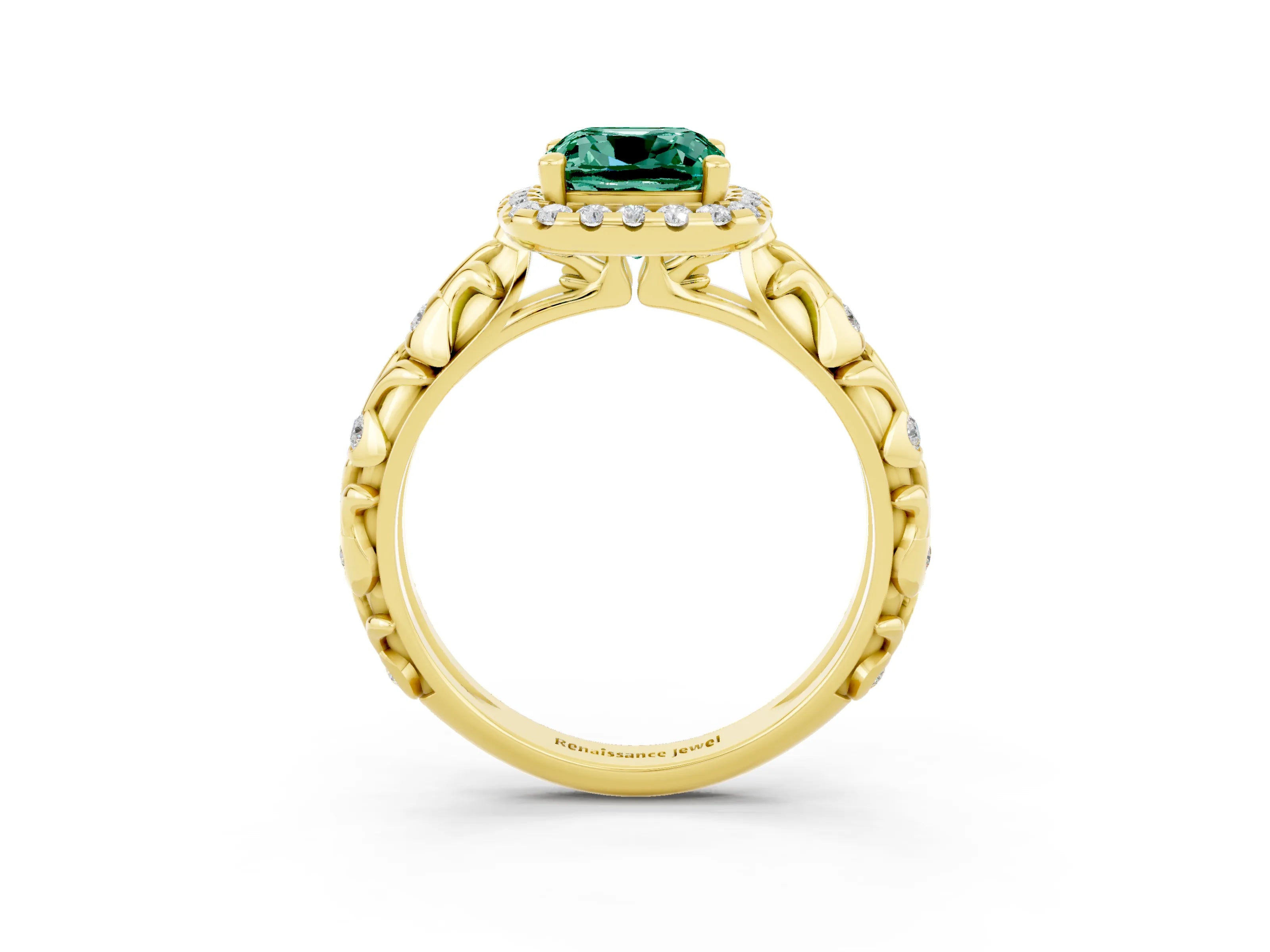 Yellow gold Cushion Cut Halo Diamond Solitaire with Filigree Band and Four-Prong Setting_3
