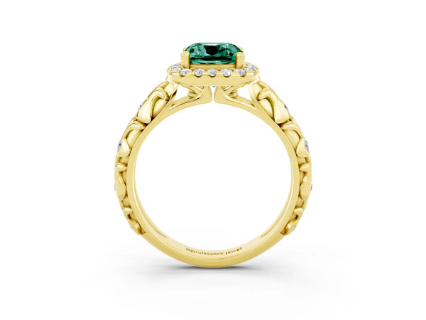 Yellow gold Cushion Cut Green Sapphire Halo Ring with Filigree Band and Prong Setting