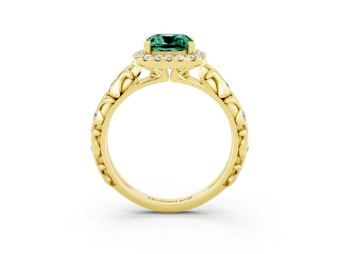 Yellow gold Cushion Cut Halo Diamond Solitaire with Filigree Band and Four-Prong Setting_3