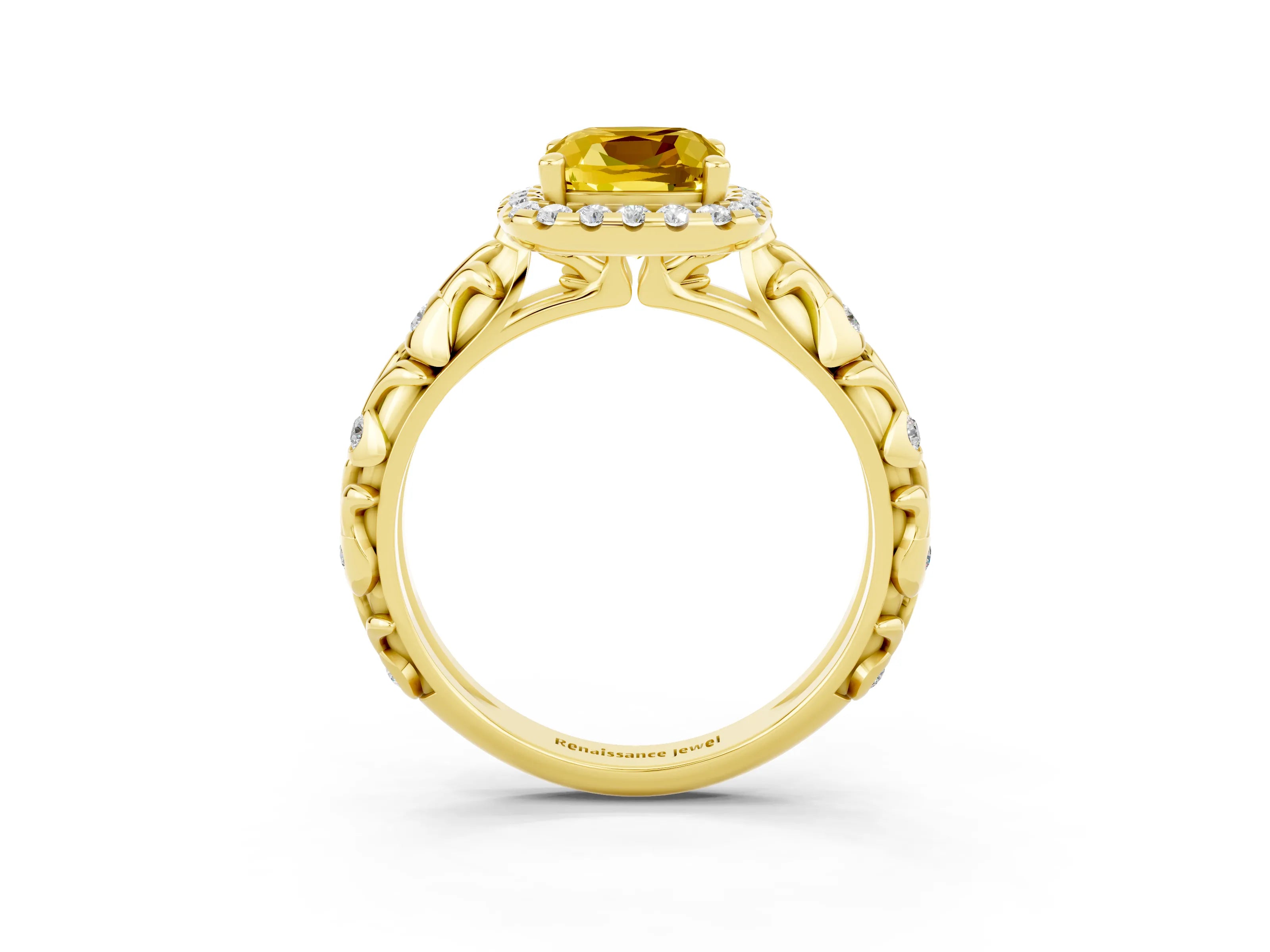 Yellow gold Cushion Cut Halo Diamond Solitaire with Filigree Band and Four-Prong Setting_3