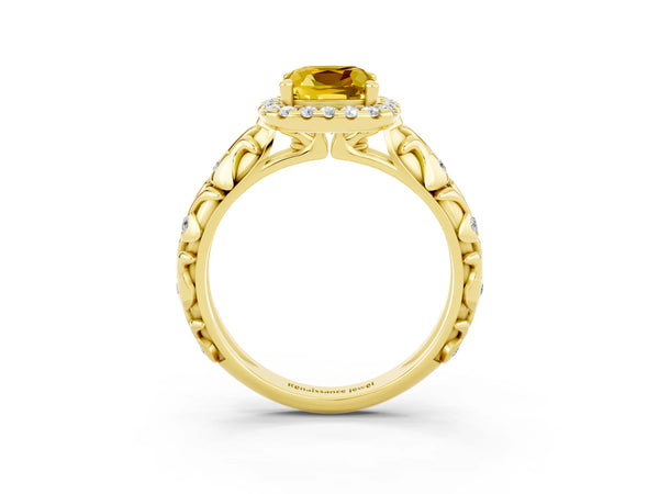 Yellow gold Cushion Cut Yellow Sapphire Halo Ring with Filigree Band and Prong Setting
