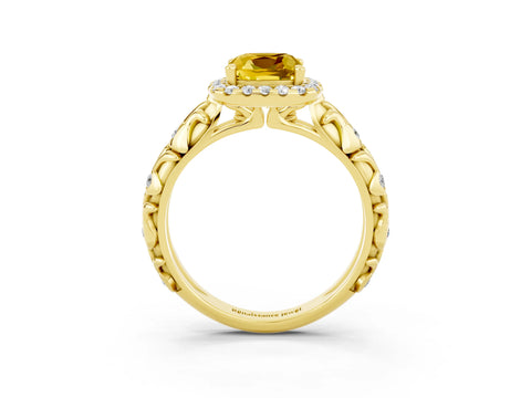 Yellow gold Cushion Cut Halo Diamond Solitaire with Filigree Band and Four-Prong Setting_3