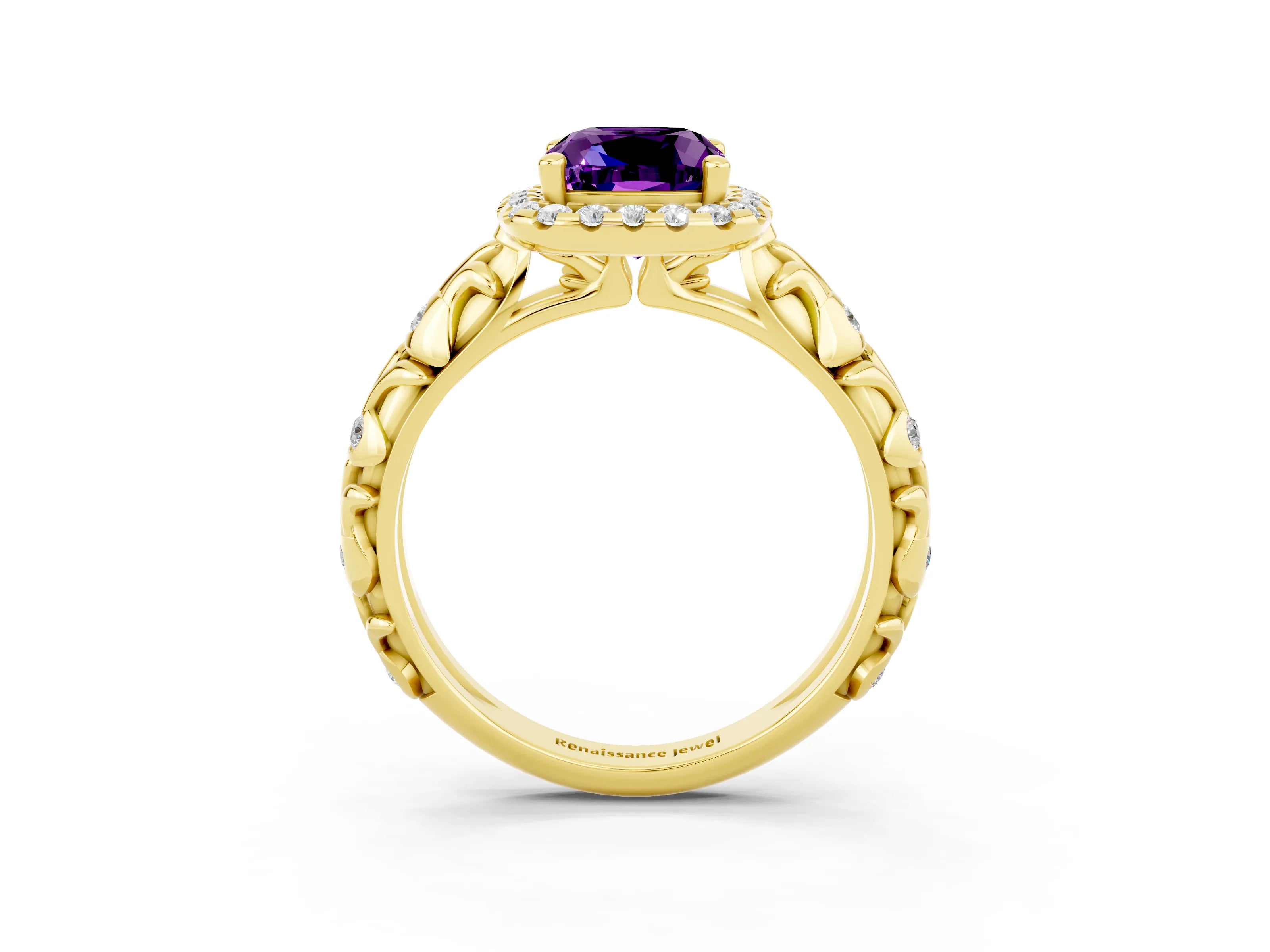 Yellow gold Cushion Cut Halo Diamond Solitaire with Filigree Band and Four-Prong Setting_3