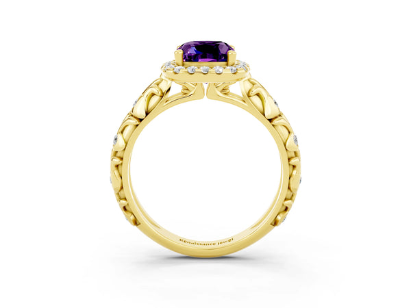 Yellow gold Cushion Cut Amethyst Halo Ring with Filigree Band and Prong Setting