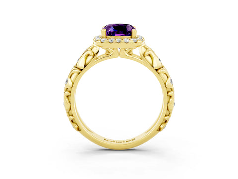 Yellow gold Cushion Cut Halo Diamond Solitaire with Filigree Band and Four-Prong Setting_3