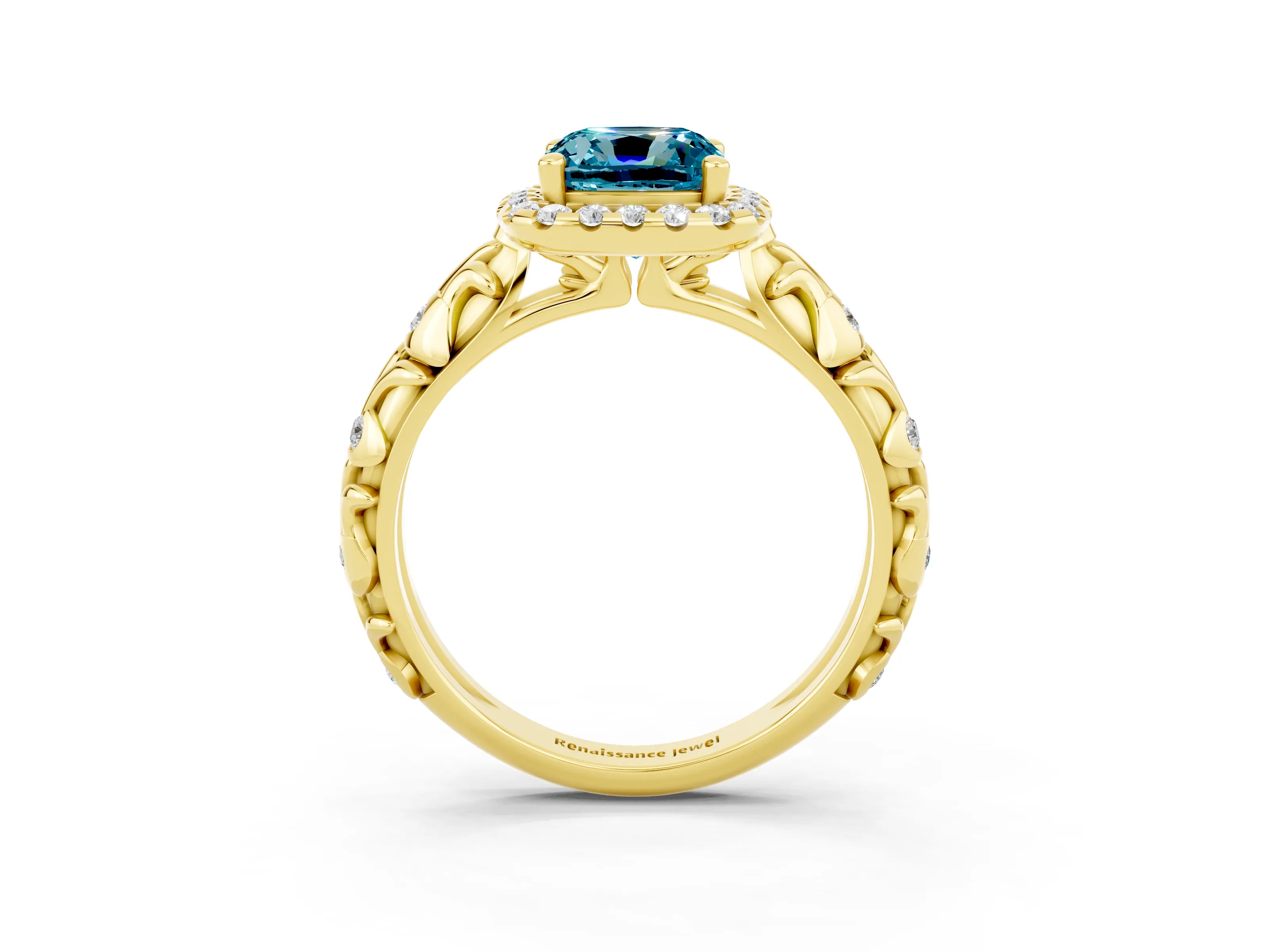 Yellow gold Cushion Cut Halo Diamond Solitaire with Filigree Band and Four-Prong Setting_3