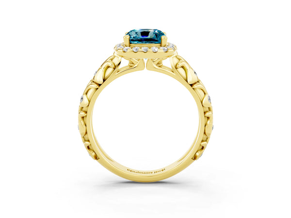 Yellow gold Cushion Cut Halo Diamond Solitaire with Filigree Band and Four-Prong Setting