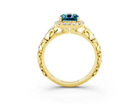 Yellow gold Cushion Cut Halo Diamond Solitaire with Filigree Band and Four-Prong Setting_3