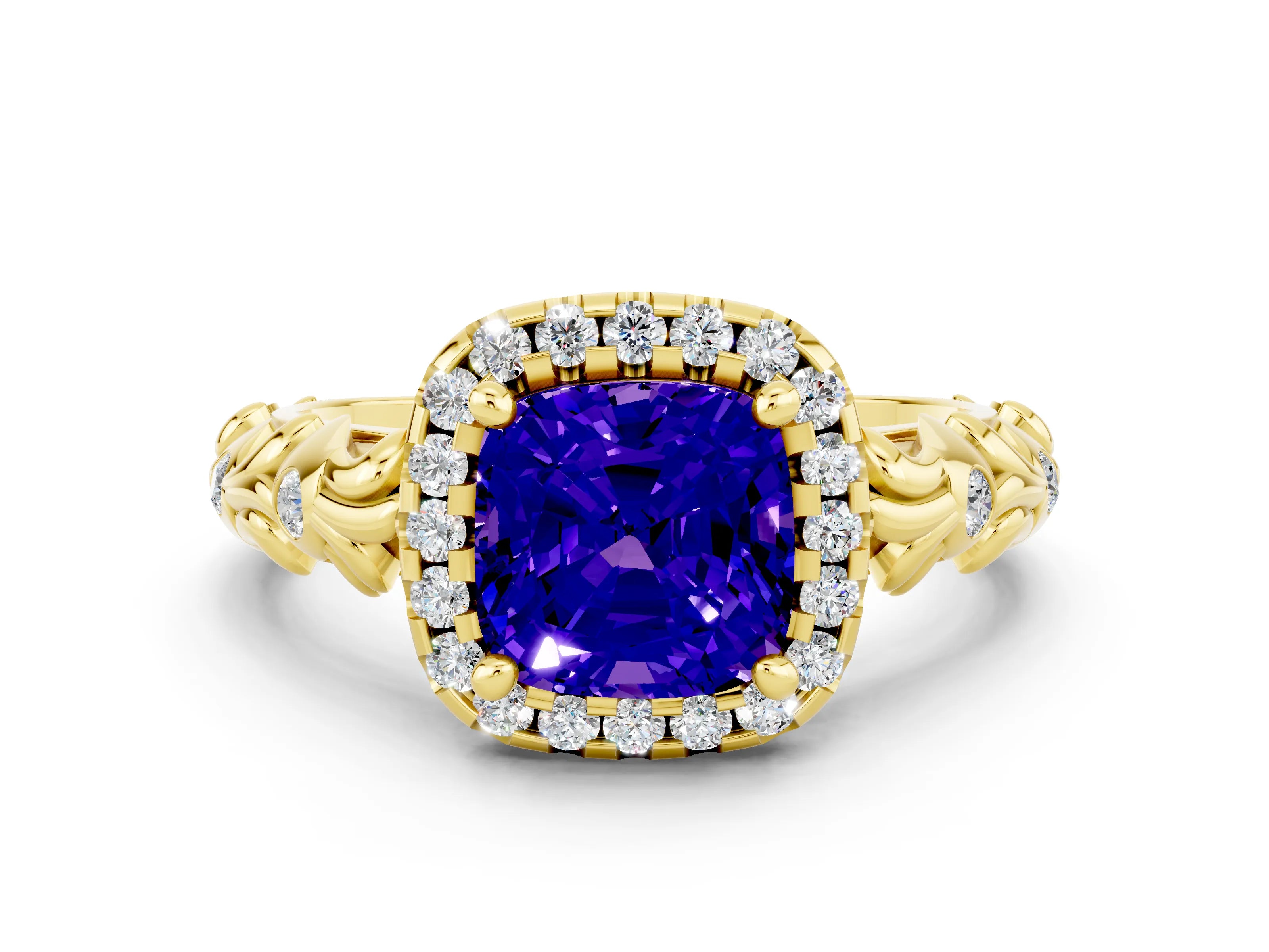 Yellow gold Cushion Cut Halo Diamond Solitaire with Filigree Band and Four-Prong Setting