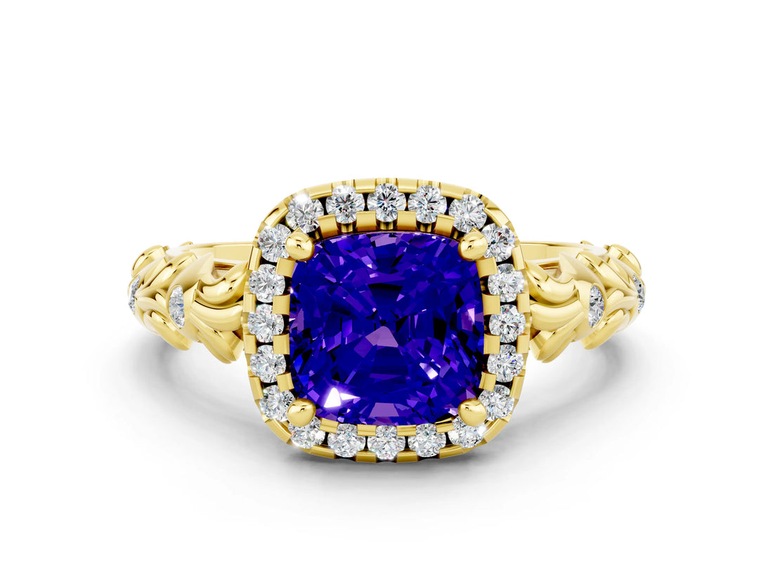 Yellow gold Cushion Cut Halo Diamond Solitaire with Filigree Band and Four-Prong Setting