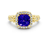 Yellow gold Cushion Cut Halo Diamond Solitaire with Filigree Band and Four-Prong Setting