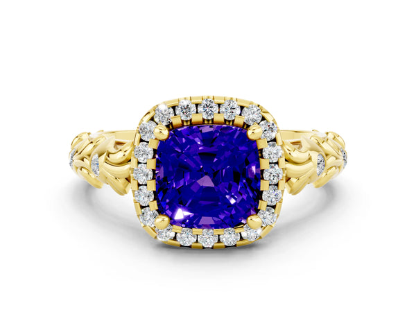 Yellow gold Cushion Cut Tanzanite Halo Ring with Filigree Band and Prong Setting