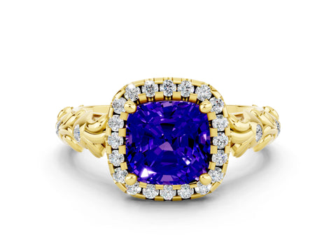 Yellow gold Cushion Cut Halo Diamond Solitaire with Filigree Band and Four-Prong Setting