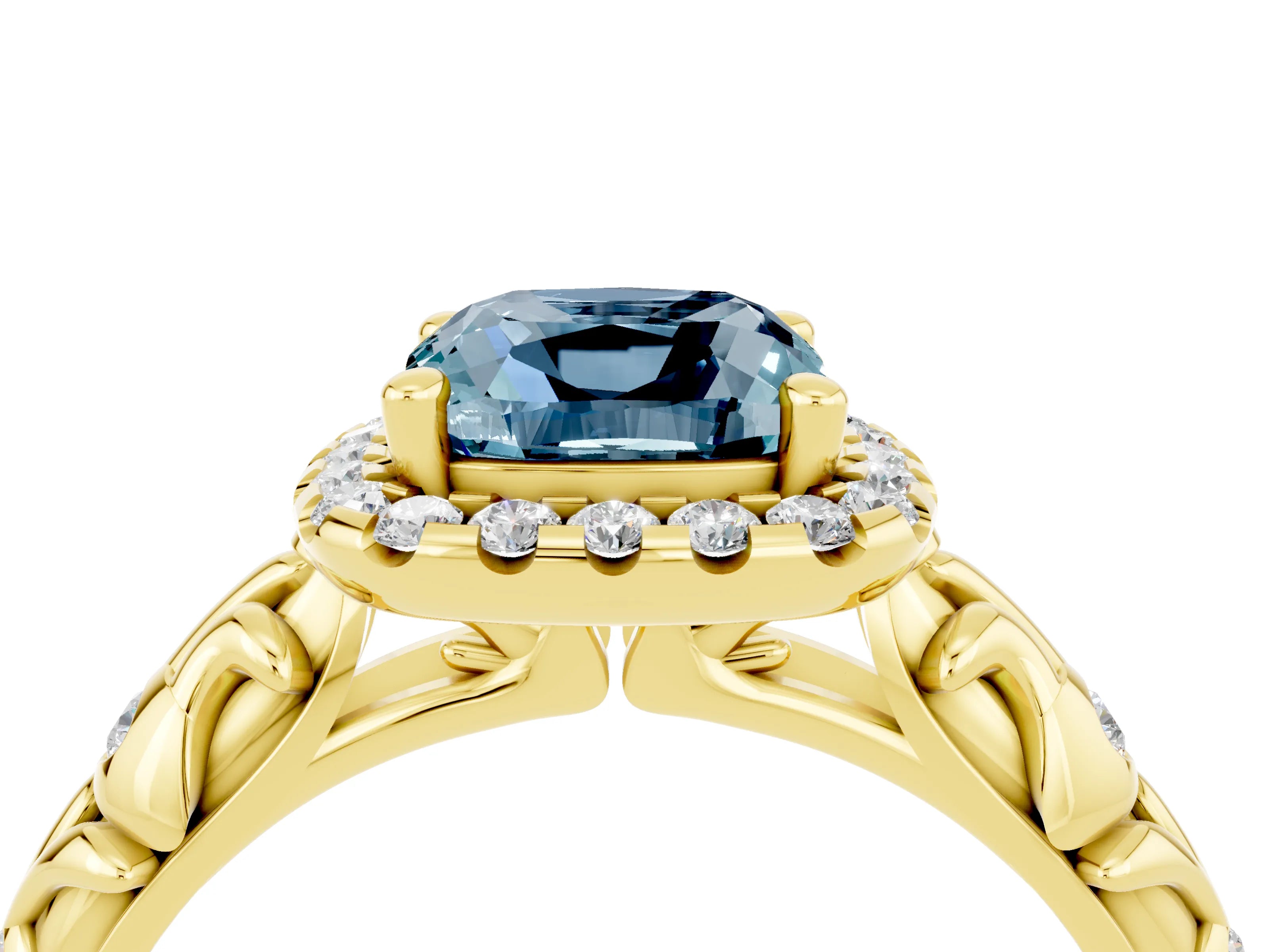 Yellow gold Cushion Cut Halo Diamond Solitaire with Filigree Band and Four-Prong Setting_4