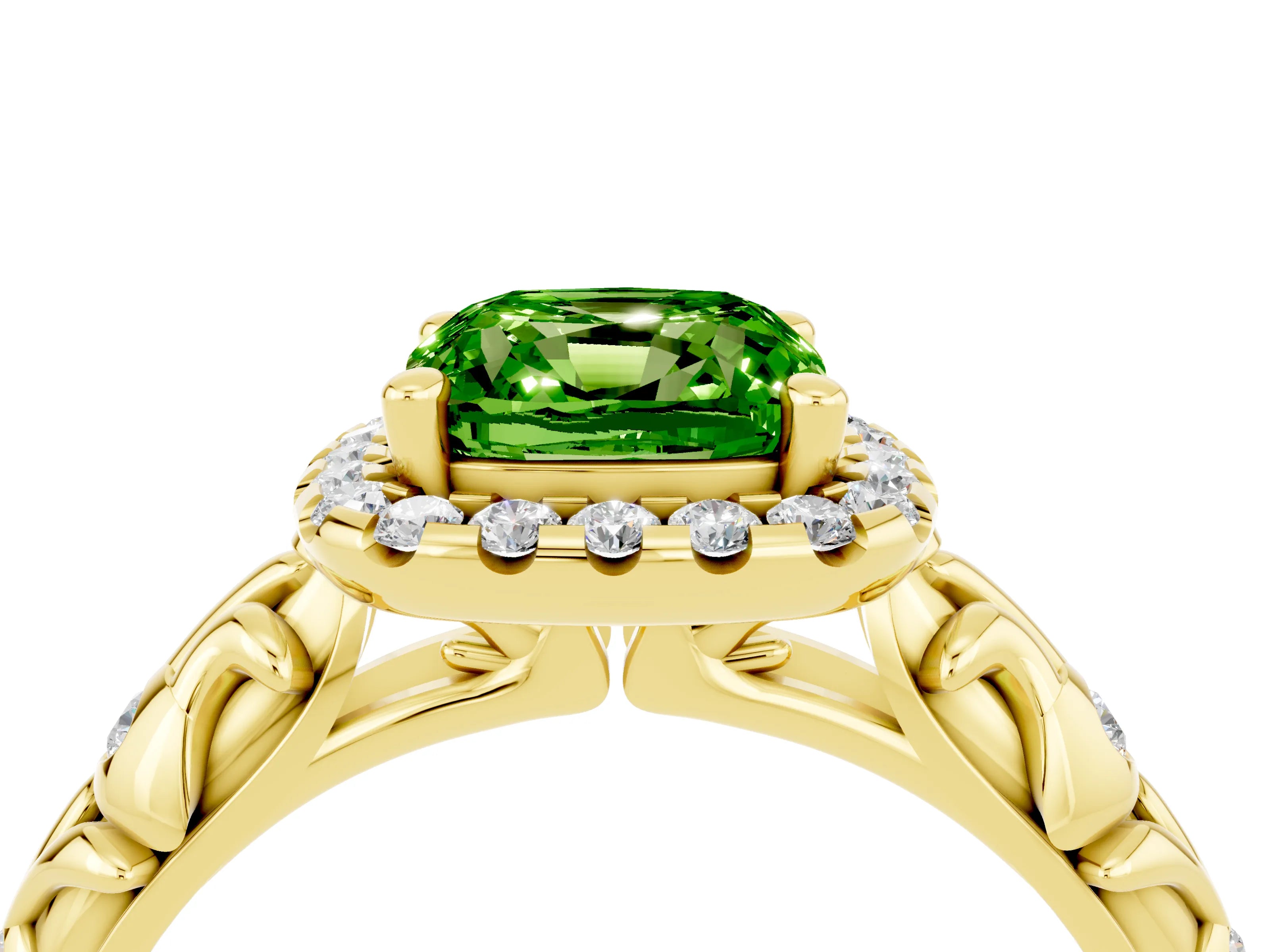 Yellow gold Cushion Cut Halo Diamond Solitaire with Filigree Band and Four-Prong Setting_4