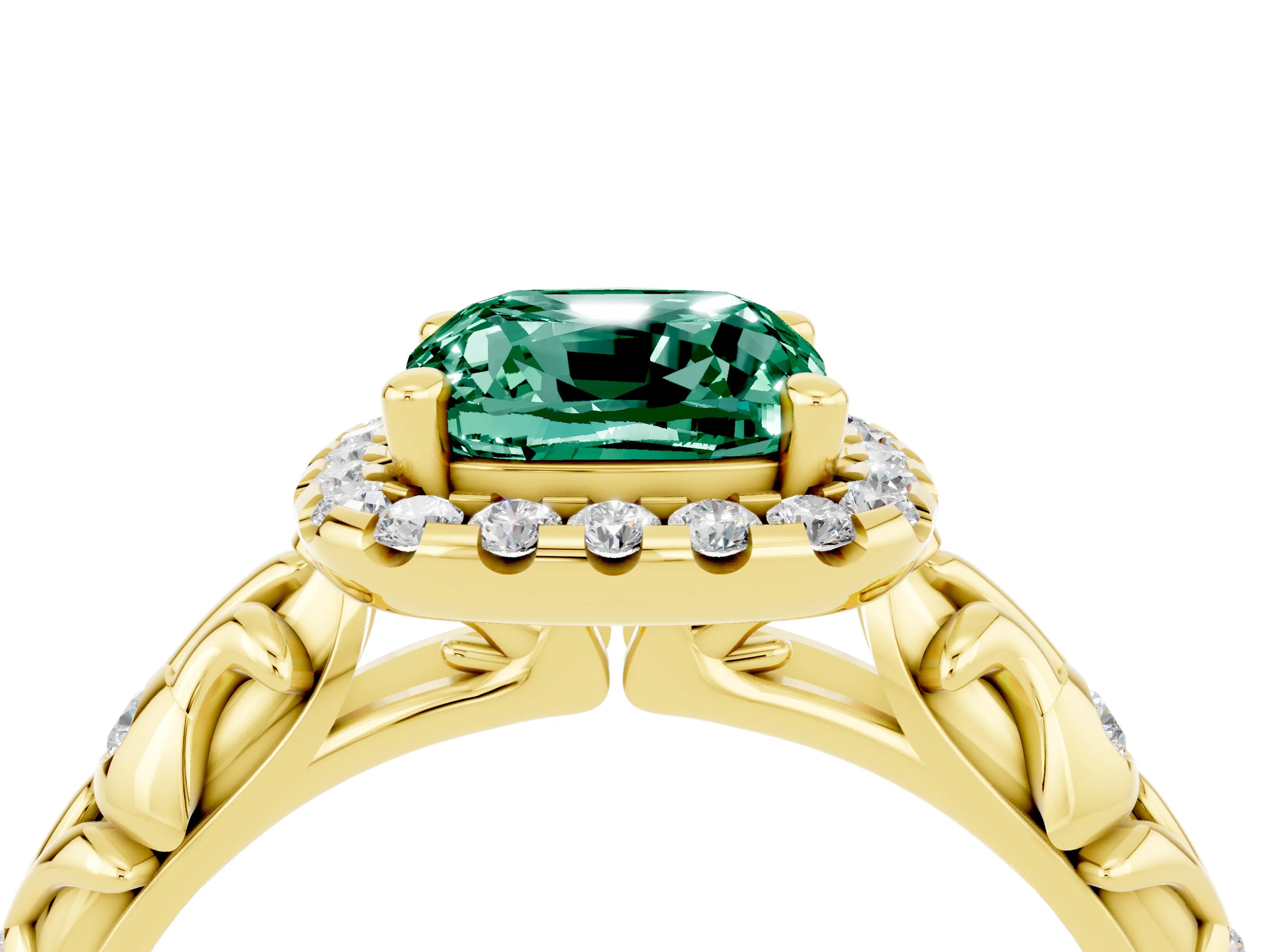 Yellow gold Cushion Cut Halo Diamond Solitaire with Filigree Band and Four-Prong Setting_4