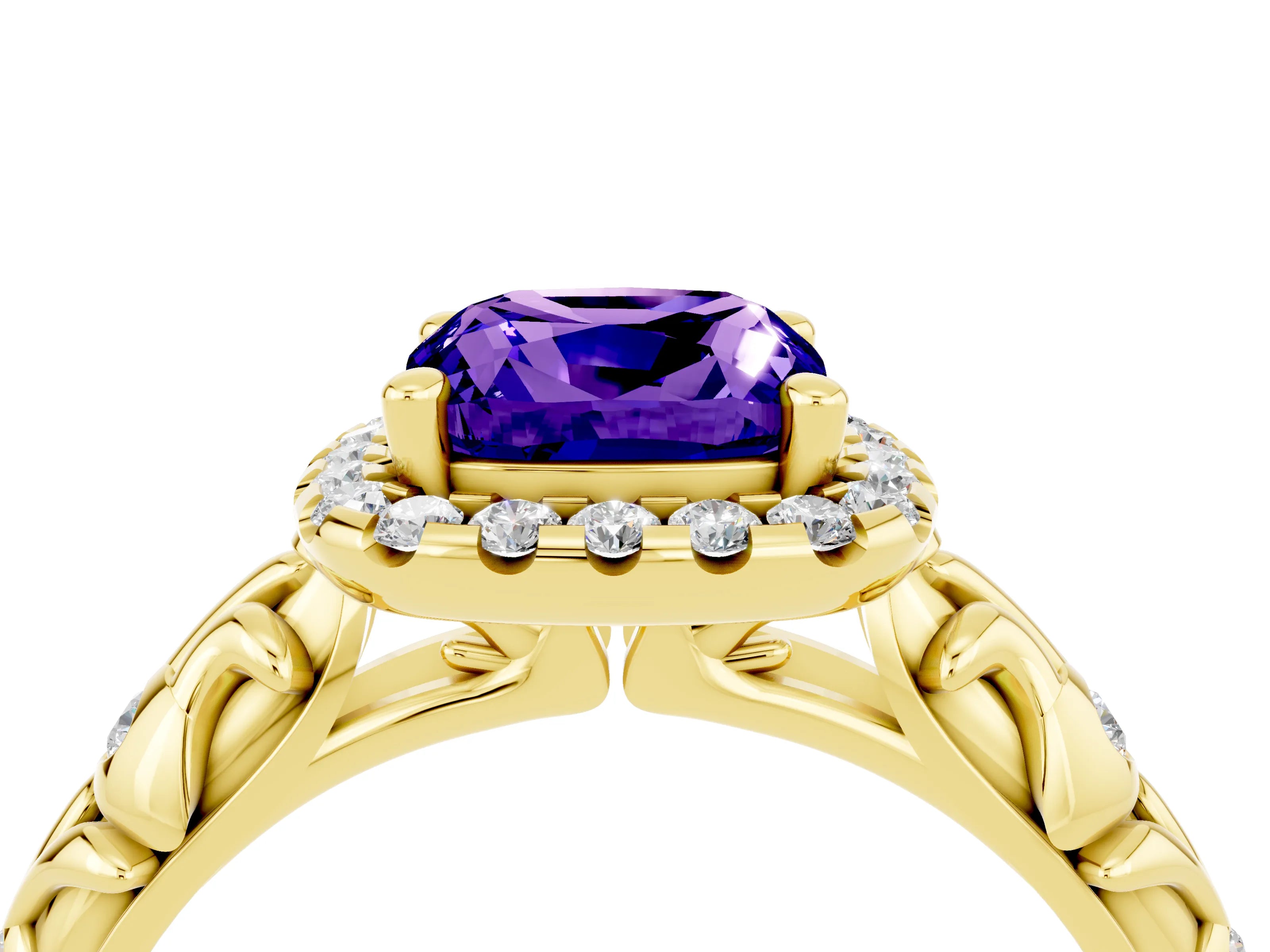 Yellow gold Cushion Cut Halo Diamond Solitaire with Filigree Band and Four-Prong Setting_4