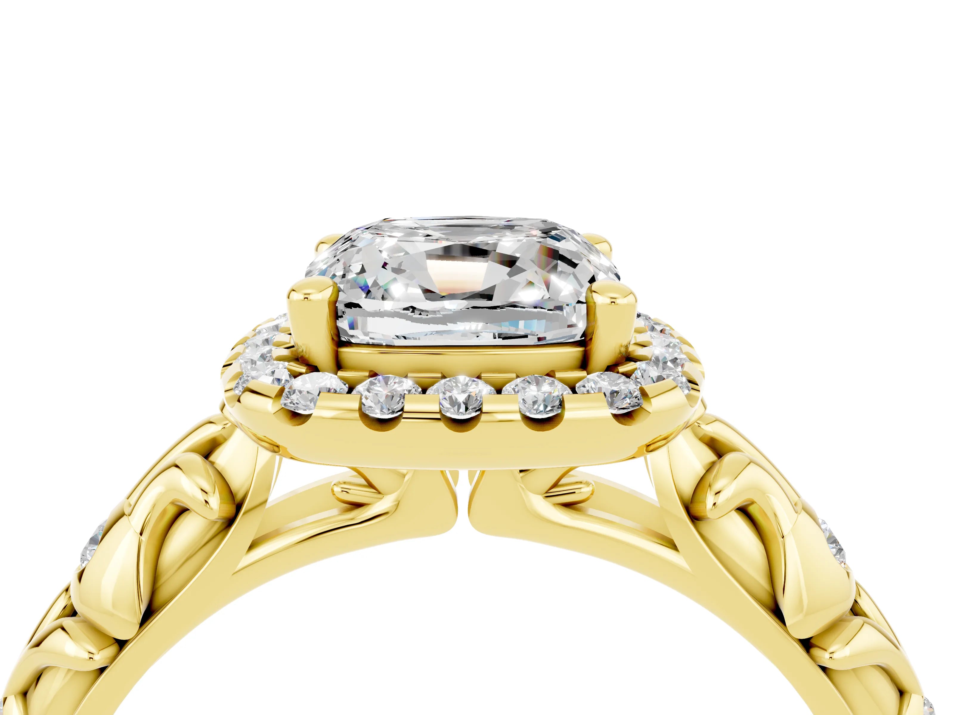 Yellow gold Cushion Cut Halo Diamond Solitaire with Filigree Band and Four-Prong Setting_4