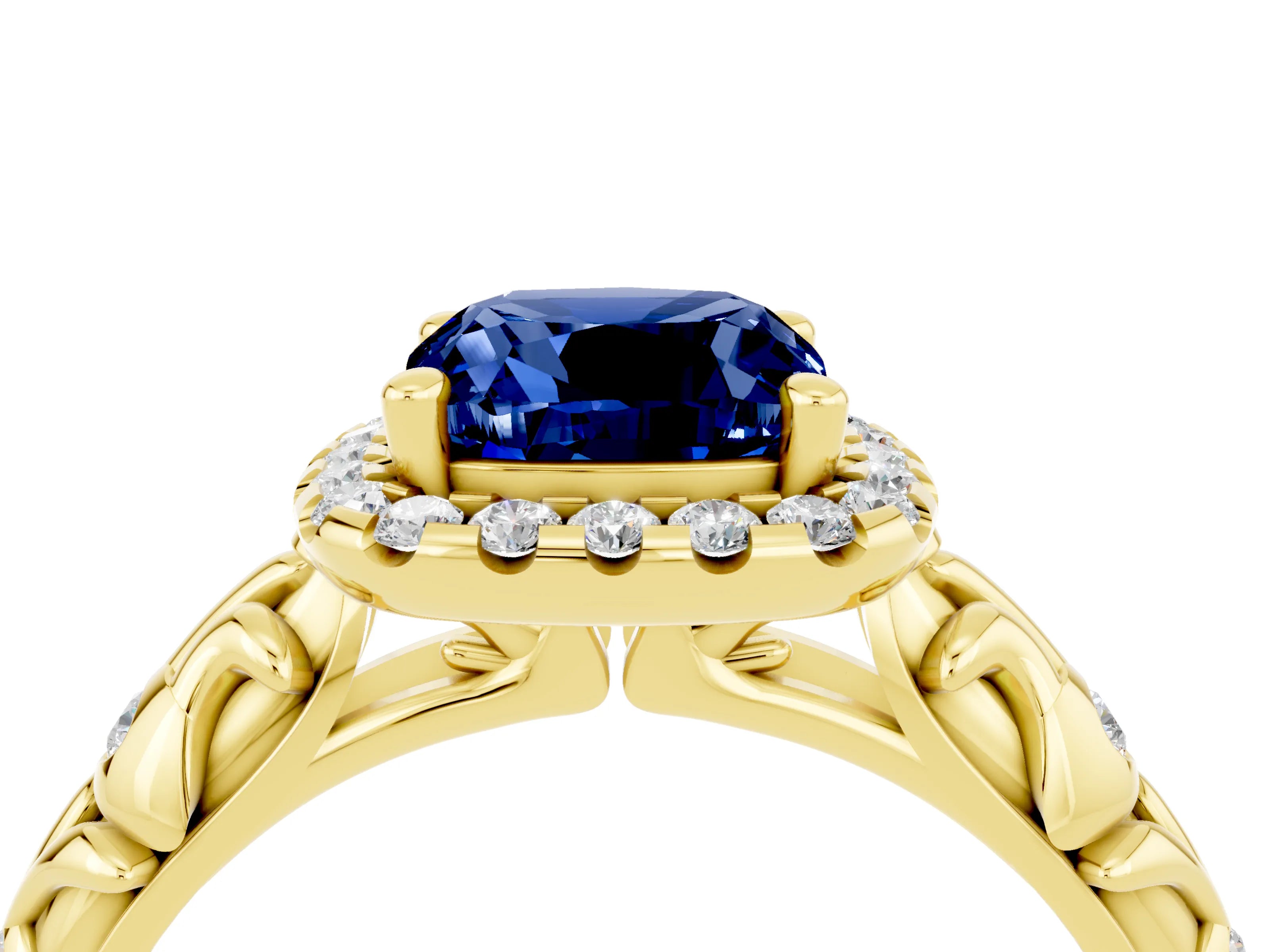 Yellow gold Cushion Cut Halo Diamond Solitaire with Filigree Band and Four-Prong Setting_4