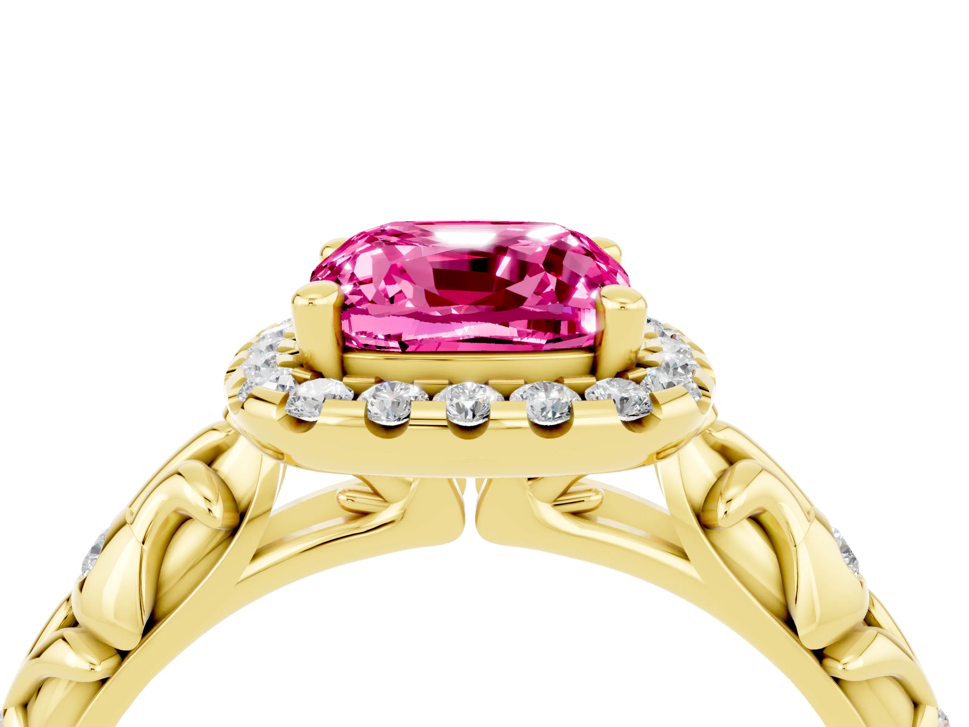 Yellow gold Cushion Cut Halo Diamond Solitaire with Filigree Band and Four-Prong Setting_4