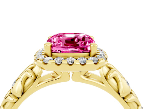 Yellow gold Cushion Cut Halo Diamond Solitaire with Filigree Band and Four-Prong Setting_4