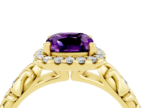 Yellow gold Cushion Cut Halo Diamond Solitaire with Filigree Band and Four-Prong Setting_4