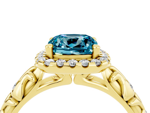 Yellow gold Cushion Cut Halo Diamond Solitaire with Filigree Band and Four-Prong Setting_4