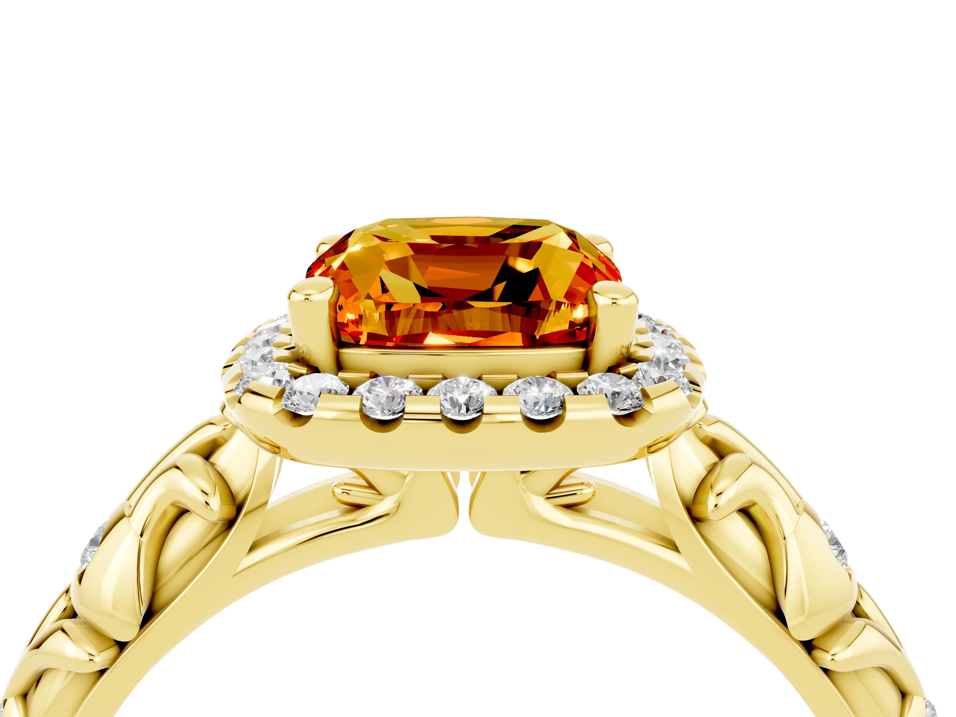 Yellow gold Cushion Cut Halo Diamond Solitaire with Filigree Band and Four-Prong Setting_4