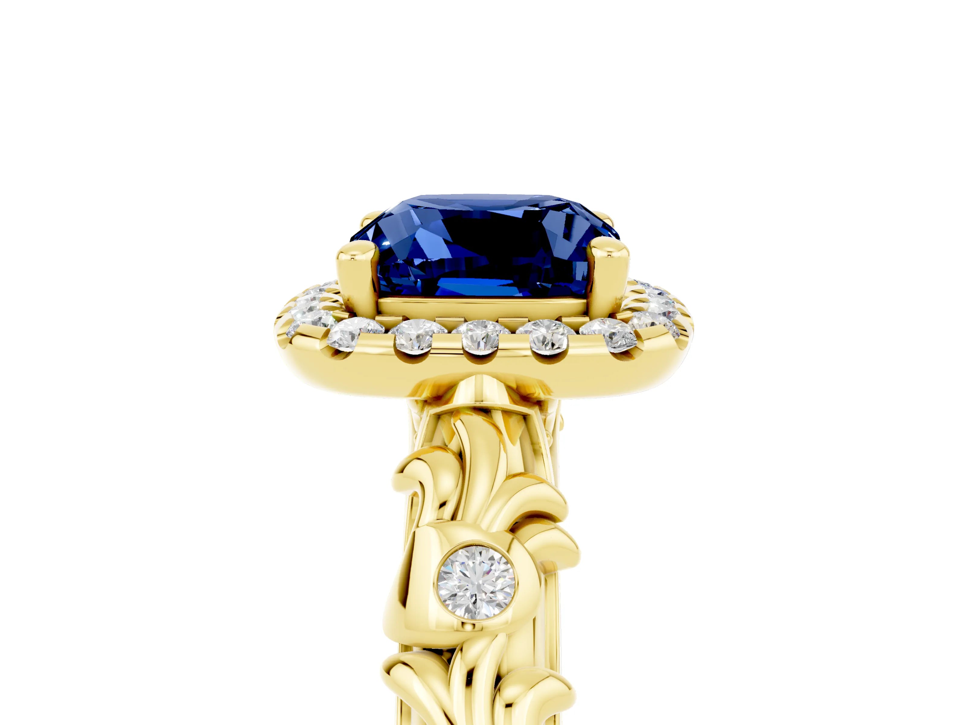 Yellow gold Cushion Cut Halo Diamond Solitaire with Filigree Band and Four-Prong Setting_5