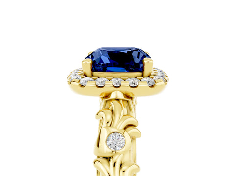 Yellow gold Cushion Cut Halo Diamond Solitaire with Filigree Band and Four-Prong Setting_5