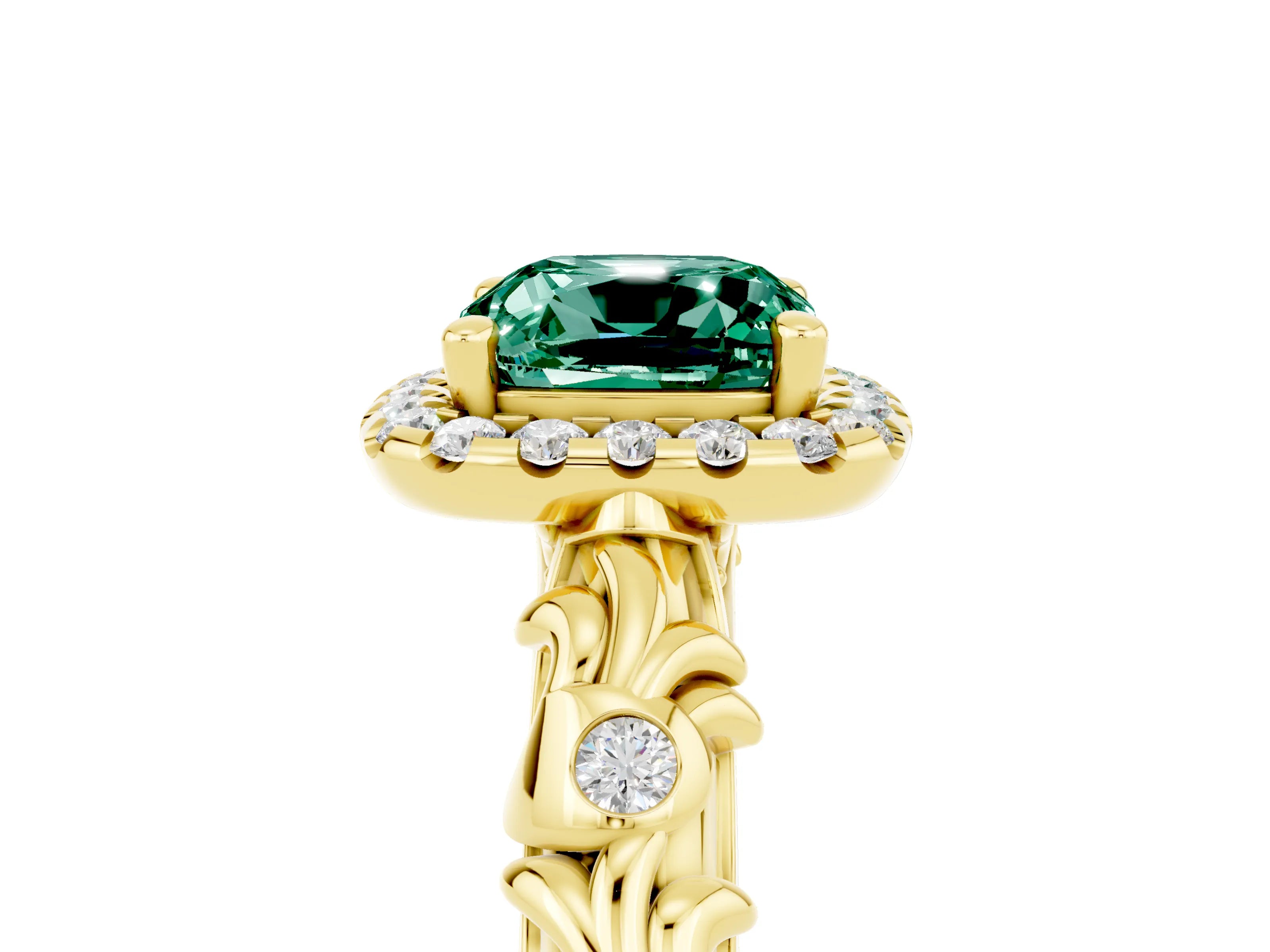 Yellow gold Cushion Cut Halo Diamond Solitaire with Filigree Band and Four-Prong Setting_5