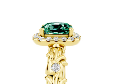 Yellow gold Cushion Cut Halo Diamond Solitaire with Filigree Band and Four-Prong Setting_5