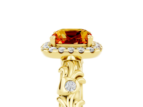 Yellow gold Cushion Cut Halo Diamond Solitaire with Filigree Band and Four-Prong Setting_5