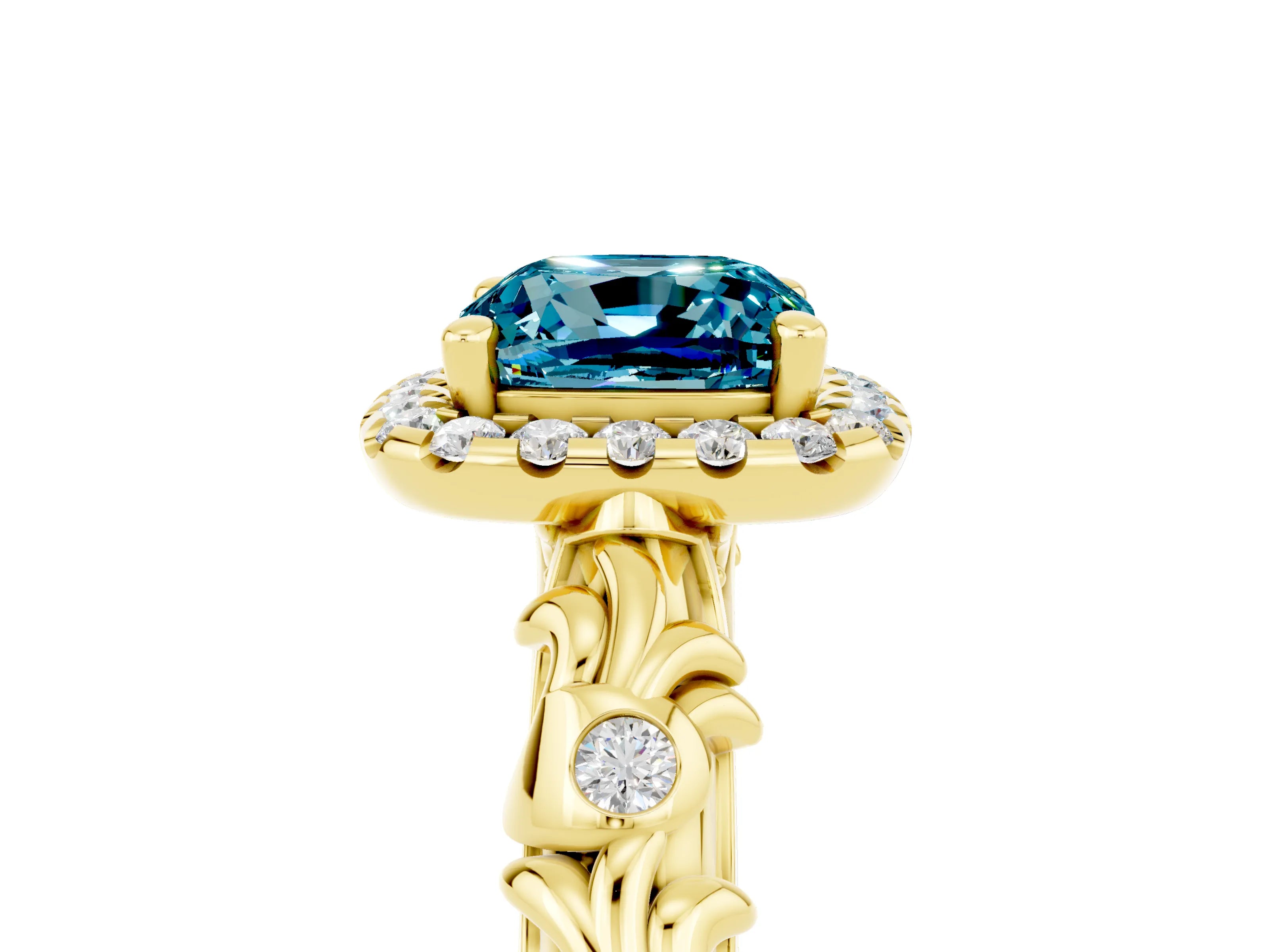 Yellow gold Cushion Cut Halo Diamond Solitaire with Filigree Band and Four-Prong Setting_5