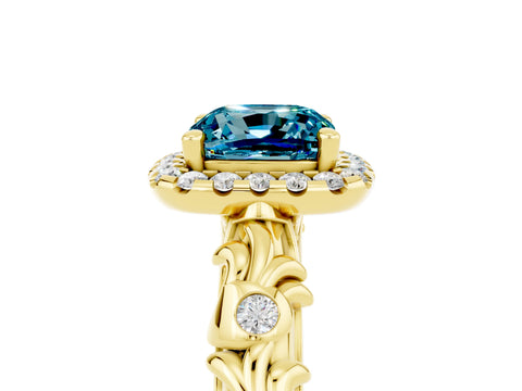 Yellow gold Cushion Cut Halo Diamond Solitaire with Filigree Band and Four-Prong Setting_5