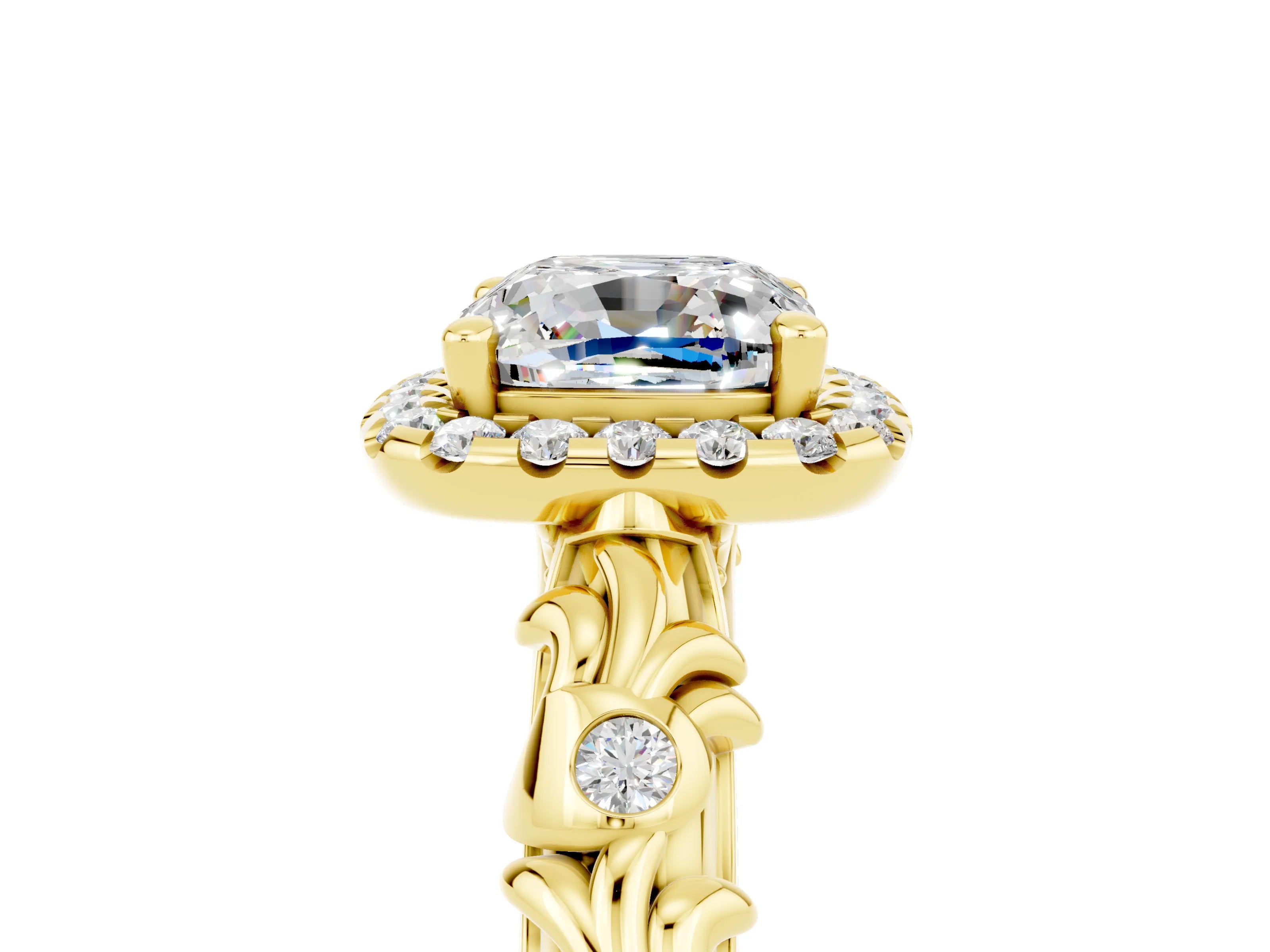 Yellow gold Cushion Cut Halo Diamond Solitaire with Filigree Band and Four-Prong Setting_5