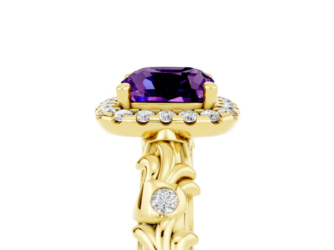 Yellow gold Cushion Cut Halo Diamond Solitaire with Filigree Band and Four-Prong Setting_5