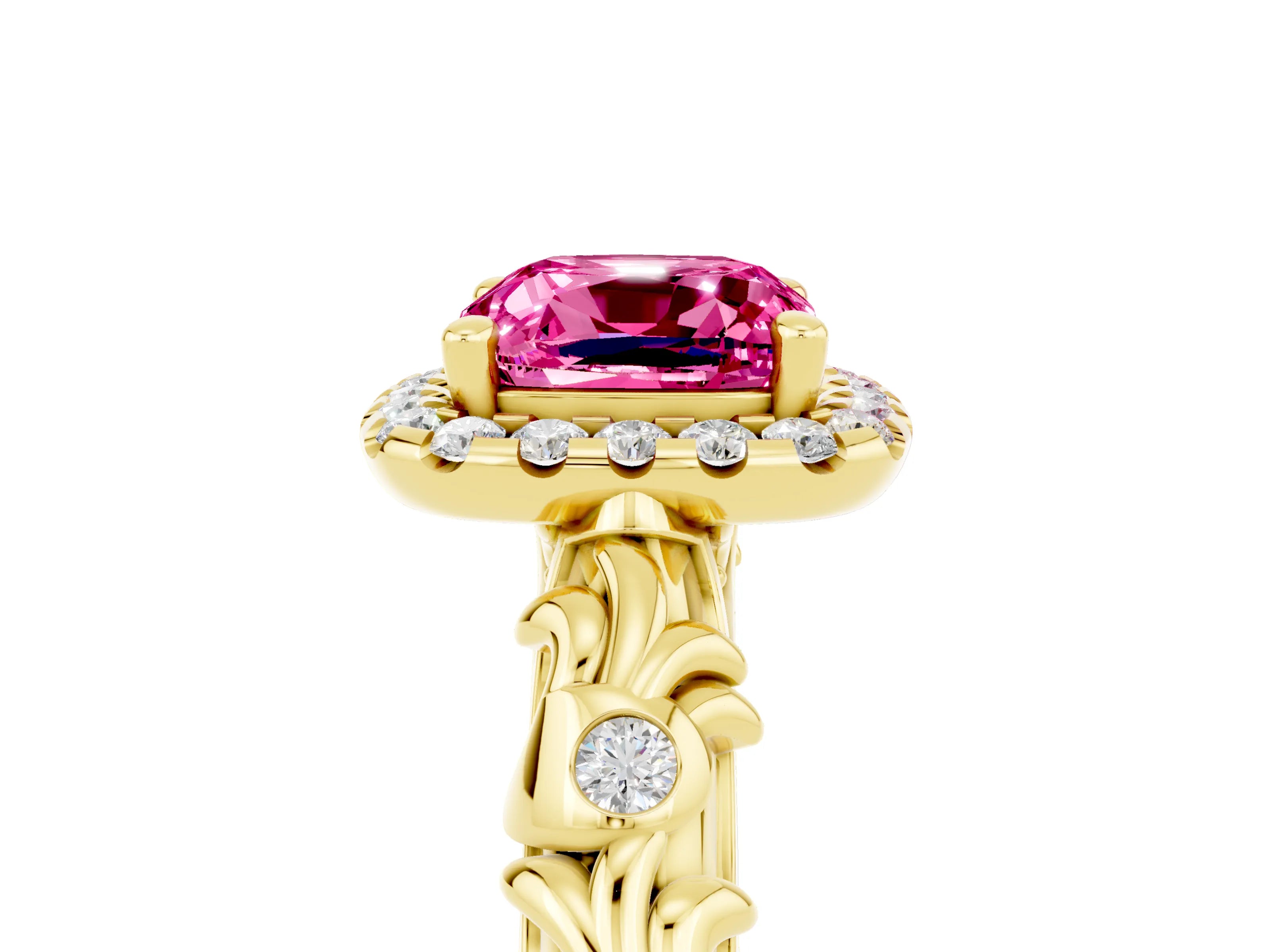 Yellow gold Cushion Cut Halo Diamond Solitaire with Filigree Band and Four-Prong Setting_5