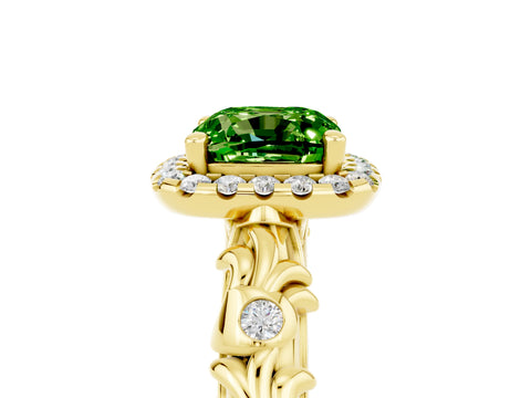 Yellow gold Cushion Cut Halo Diamond Solitaire with Filigree Band and Four-Prong Setting_5