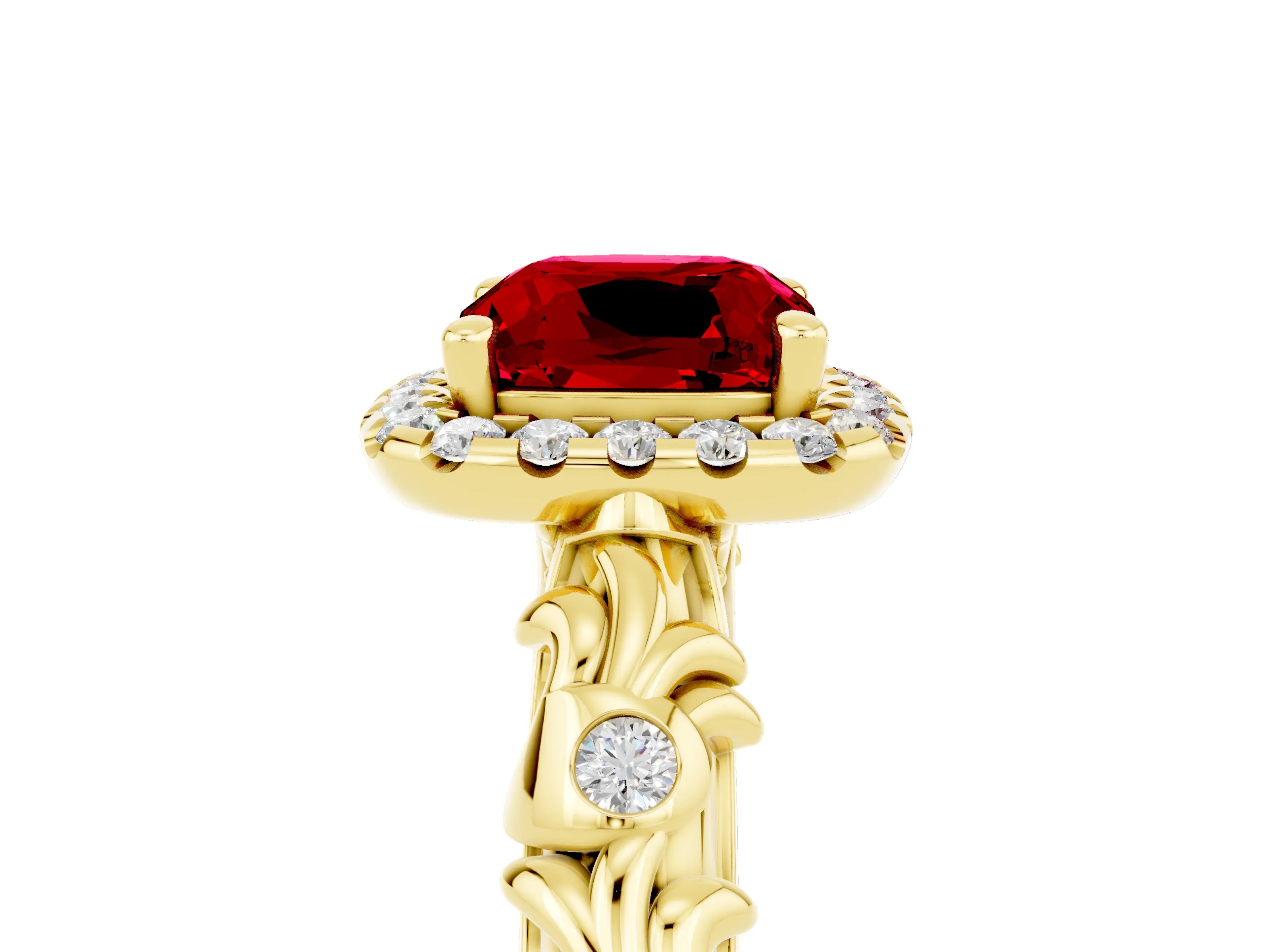 Yellow gold Cushion Cut Halo Diamond Solitaire with Filigree Band and Four-Prong Setting_5