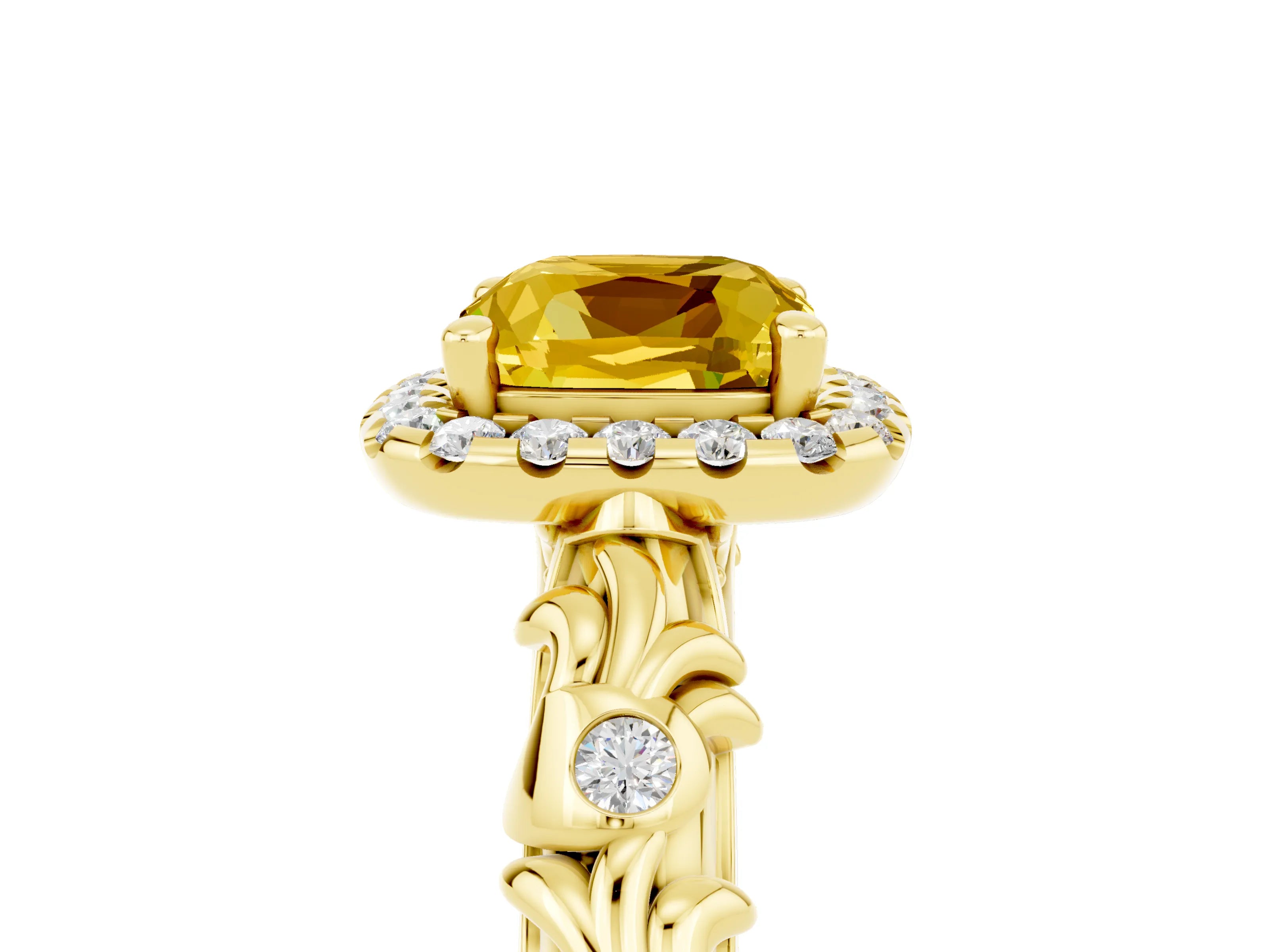 Yellow gold Cushion Cut Halo Diamond Solitaire with Filigree Band and Four-Prong Setting_5